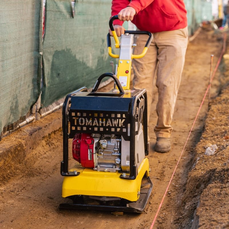Tomahawk 6.5 HP Honda Reverse Hydraulic Plate Compactor for Soil, Aggregate, Cohesive Compaction - in-use view