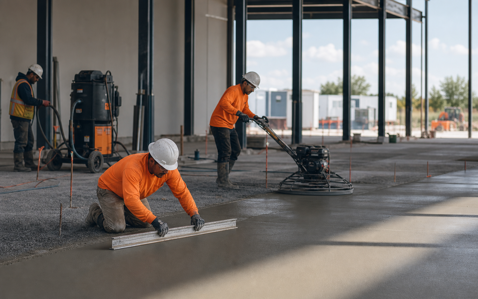 Concrete crew finishing an indoor slab with jobsite equipment